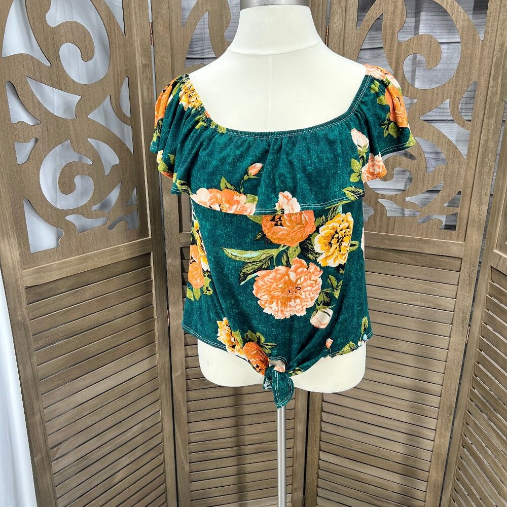 Caren Sport Vibrant Green Floral Tie-Front Top - 1X